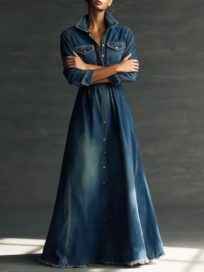 Kvinnelig stilfull kunst Ståkrage Vasket denim midi-kjole