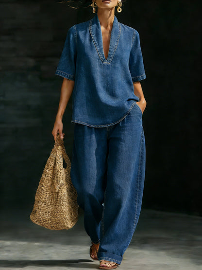 Minimalistisk Koselig Kortermet Topp Bredbeinede Jeans Denim Sett