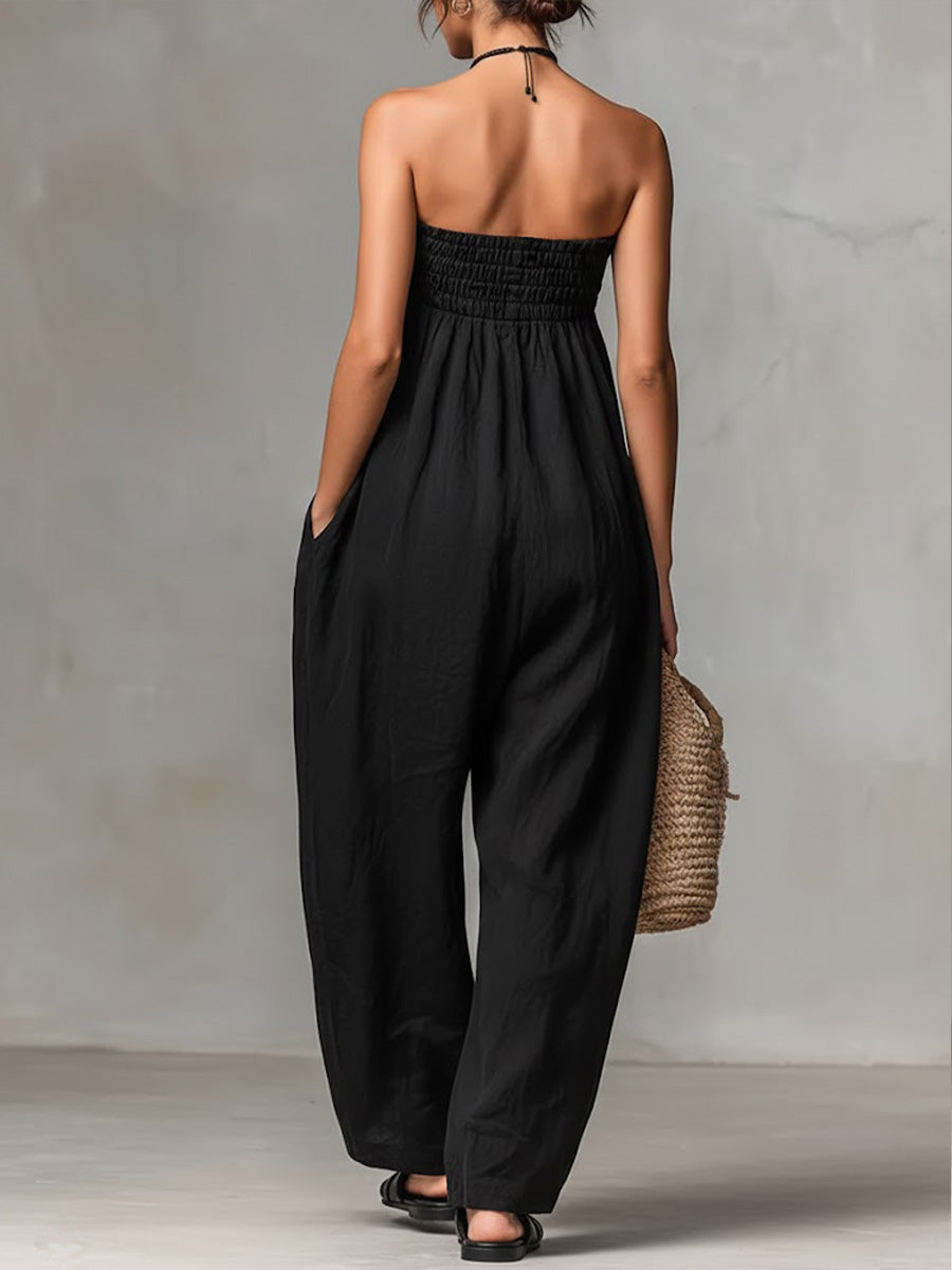 Dame Solid Farge Strapless Casual Løs Bomull Og Lin Jumpsuit