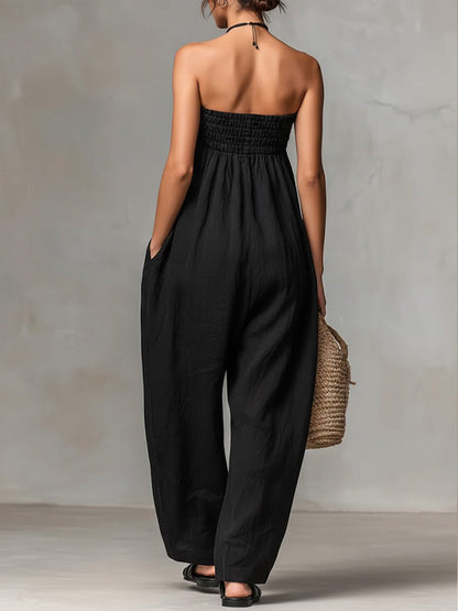 Dame Solid Farge Strapless Casual Løs Bomull Og Lin Jumpsuit