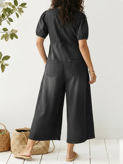 Kvinnens Casual Løse Korte Ermer V-hals Denim Jumpsuit