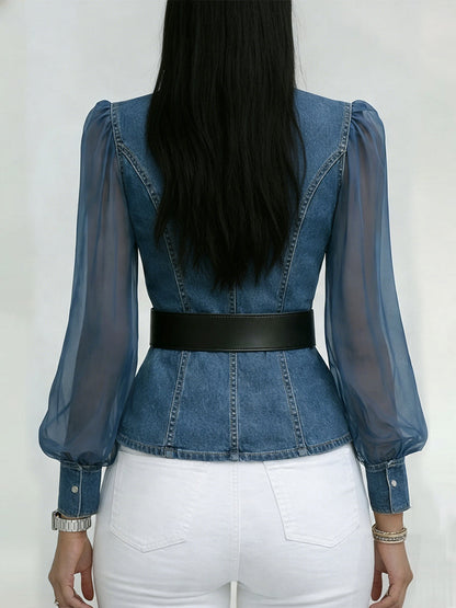 Elegant, Slim-fit Denim Top Med Organza Ermer.