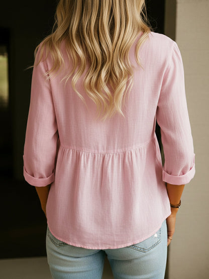 Kvinnes Lin-Bomull Blandet Skjorte - 3/4 Erme Crew Neck Løs Hofte-Lengde Casual Bluse