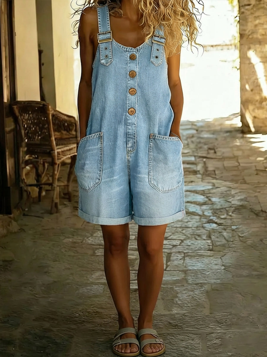 Casual Justerbar-stropp Denim Jumpsuit Shorts