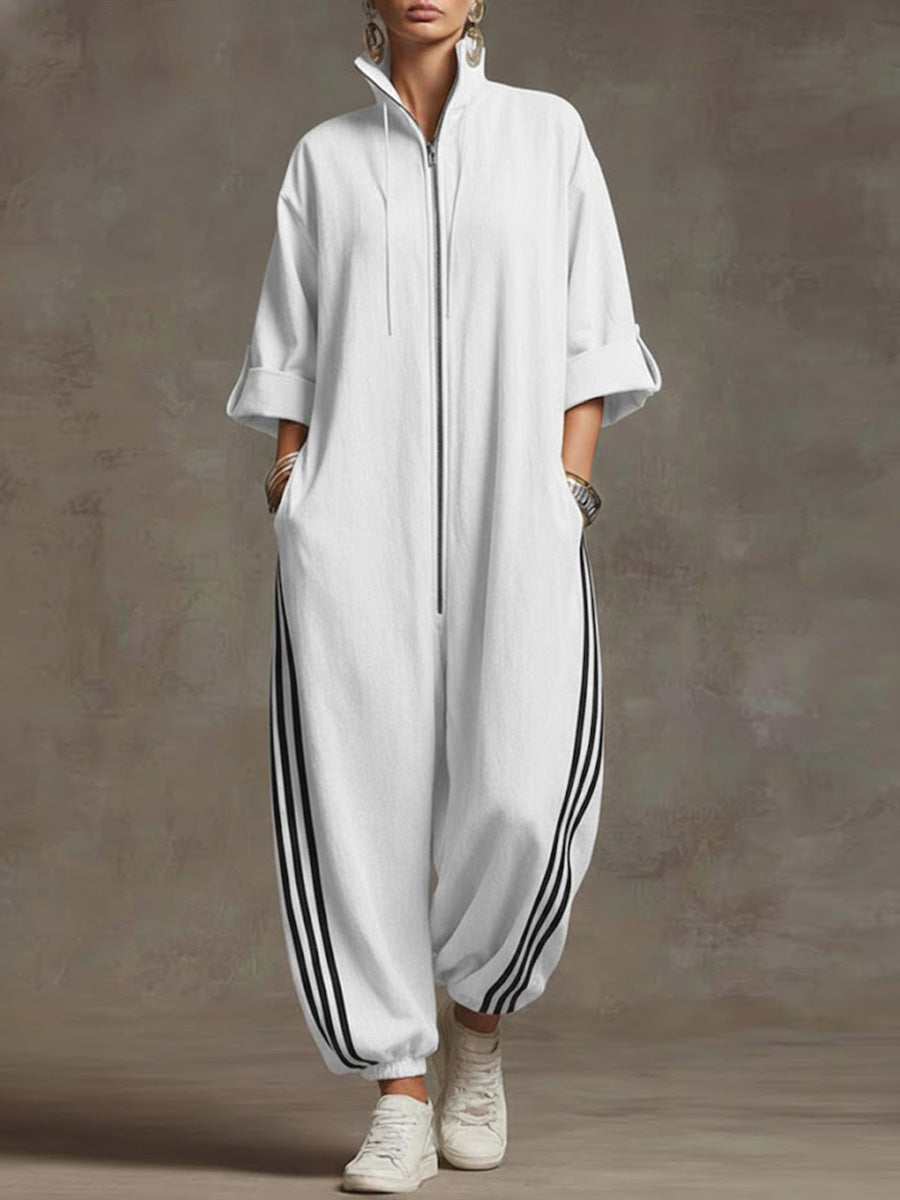 Dame Jumpsuit med ståkrage og 3/4 ermer i løst, uformelt lin