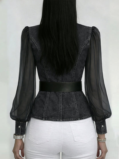 Elegant, Slim-fit Denim Top Med Organza Ermer.