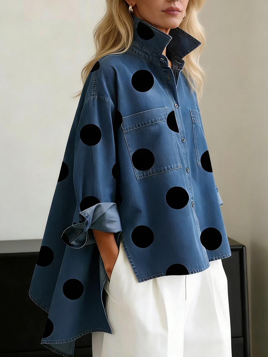 Elegant Kunstnerisk Prikket Trykk Stå-krage Denim Topp