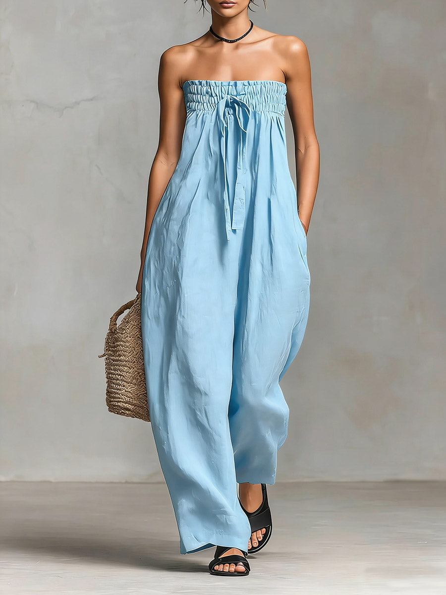 Dame Solid Farge Strapless Casual Løs Bomull Og Lin Jumpsuit