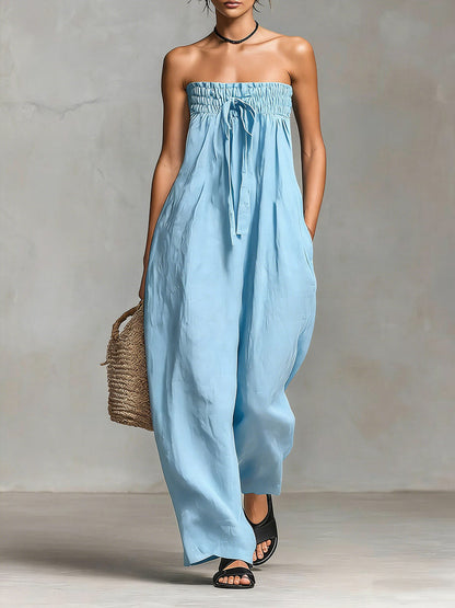 Dame Solid Farge Strapless Casual Løs Bomull Og Lin Jumpsuit