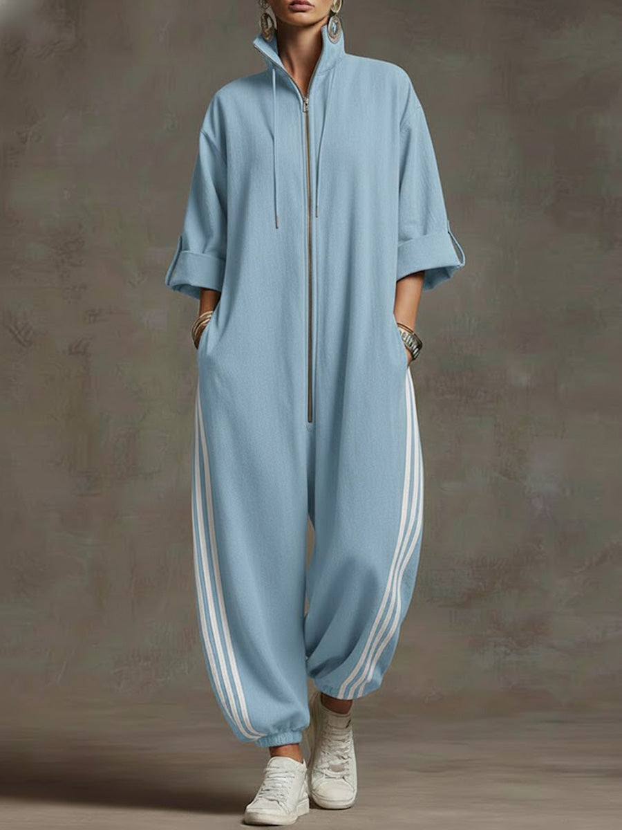 Dame Jumpsuit med ståkrage og 3/4 ermer i løst, uformelt lin