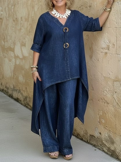 Casual Denim Knapper Detaljer Topp Og Vide Bukser To-dels Sett