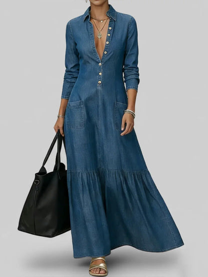 Dame Skjorte Krage Langermet Løs A-linje Denim Kjole