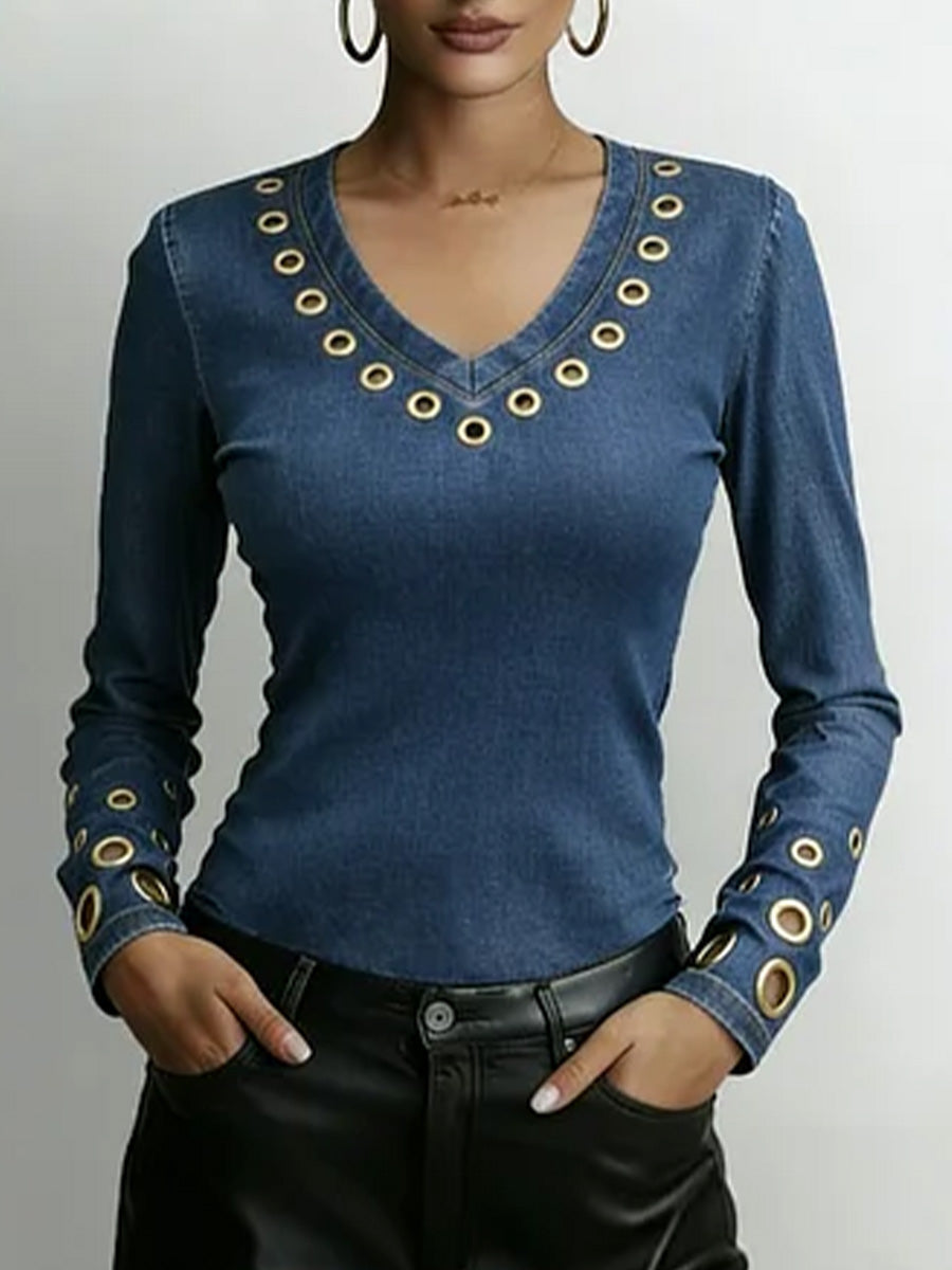 Dame Denim-look V-hals Langermet Casual Løs Topp