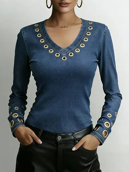 Dame Denim-look V-hals Langermet Casual Løs Topp