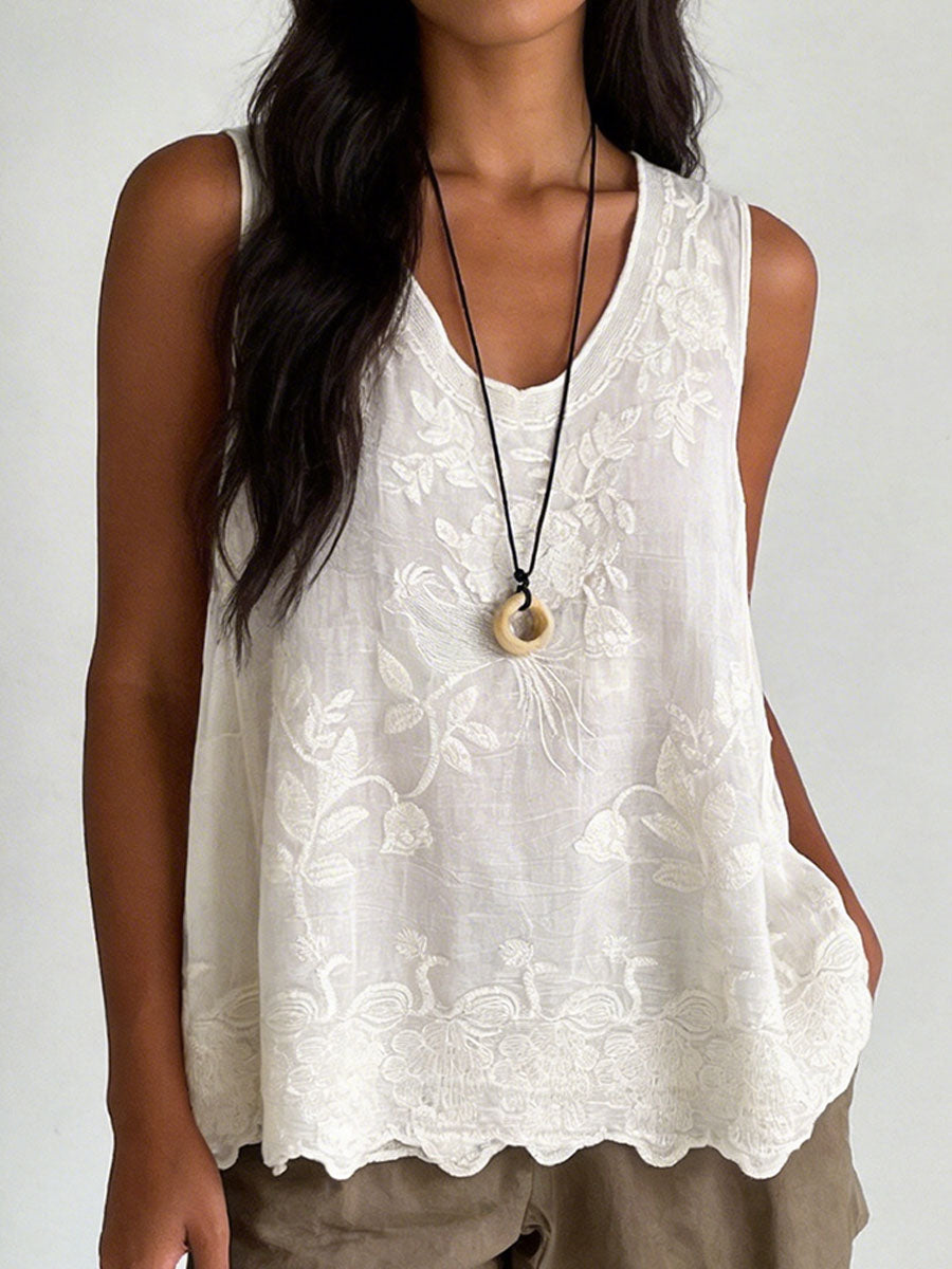 Kvinne Vintage Blonde Uten Ermer Bomull Og Lin Vest Topp