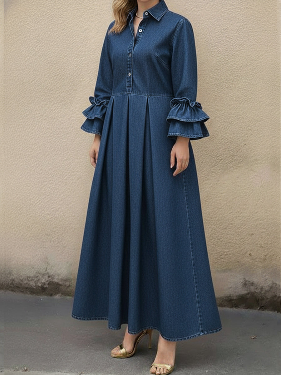 Kvinne Casual Denim Kjole Med Volangerm