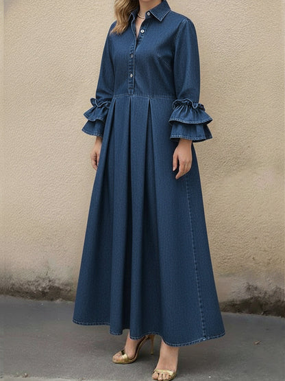 Kvinne Casual Denim Kjole Med Volangerm