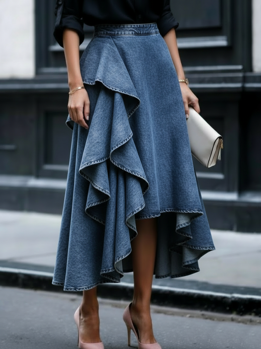 Rufsete Denim Skjørt — Elegant Lagdelt Hverdagsstil