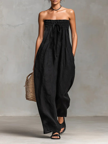 Dame Solid Farge Strapless Casual Løs Bomull Og Lin Jumpsuit