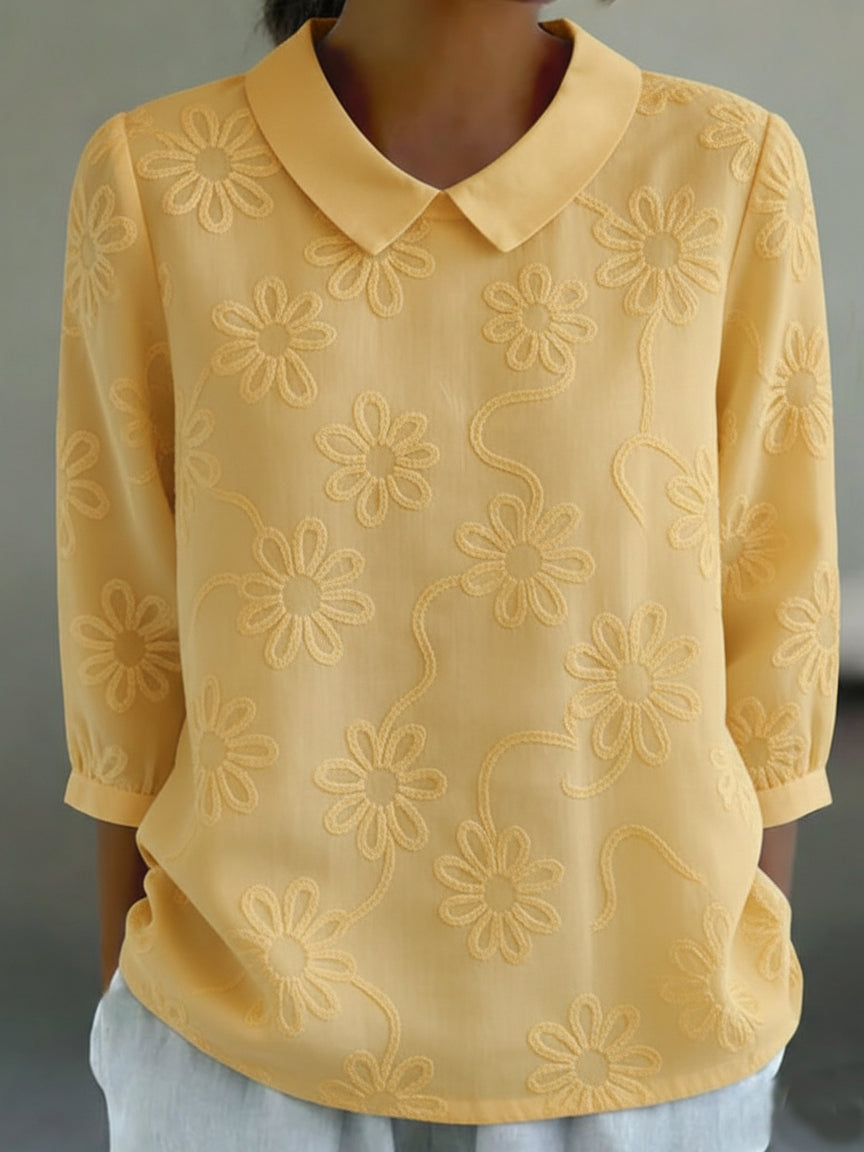 Romantisk Blomsterbrodert Peter Pan Krage Skjorte Bluse