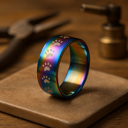 Regnbue-ring med pote-motiv