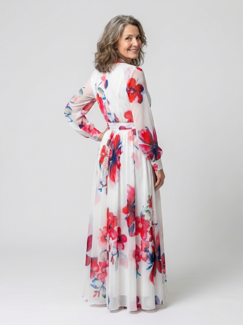Lillian | Blomstrete langermet omslags maxi-kjole