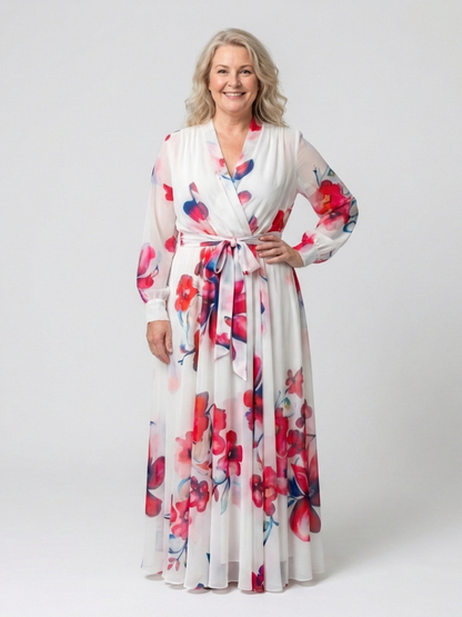 Lillian | Blomstrete langermet omslags maxi-kjole
