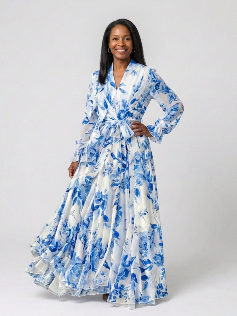 Lillian | Blomstrete Langermet Innpaknings Maxi Kjole