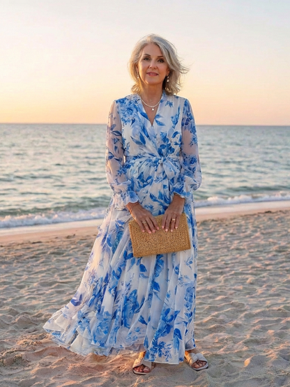 Lillian | Blomstrete Langermet Innpaknings Maxi Kjole