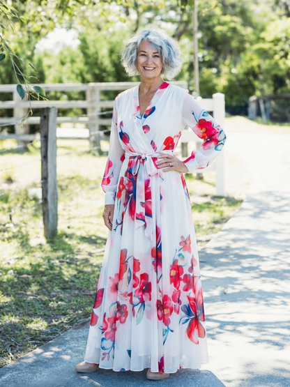 Lillian | Blomstrete langermet omslags maxi-kjole