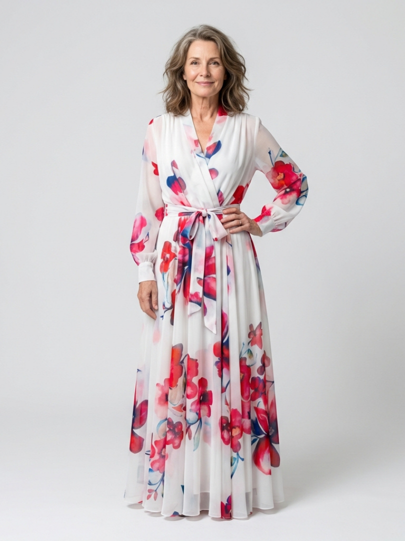 Lillian | Blomstrete langermet omslags maxi-kjole