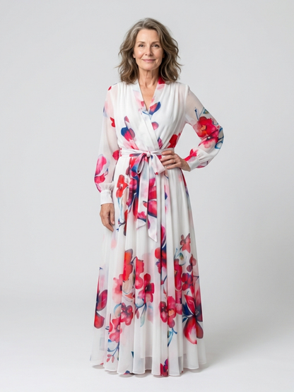 Lillian | Blomstrete langermet omslags maxi-kjole