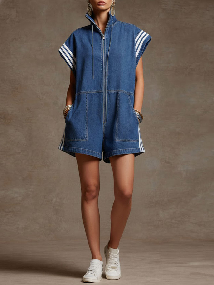 Dame med stående krage, korte ermer, avslappet, løs, kort denim-jumpsuit med vide ben