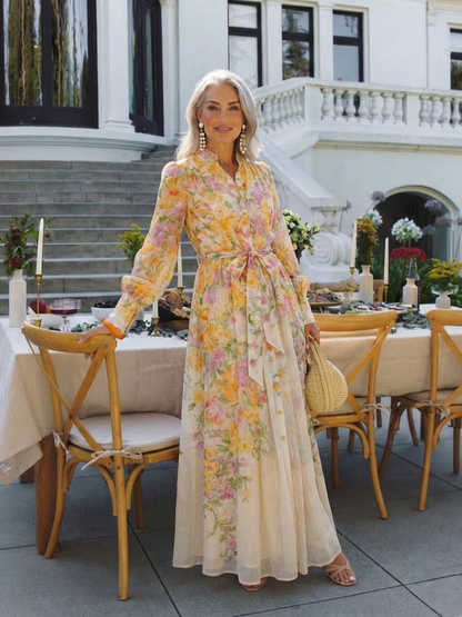 Cressida | Blomstrete Gjennomsiktig Langermet Maxi Kjole