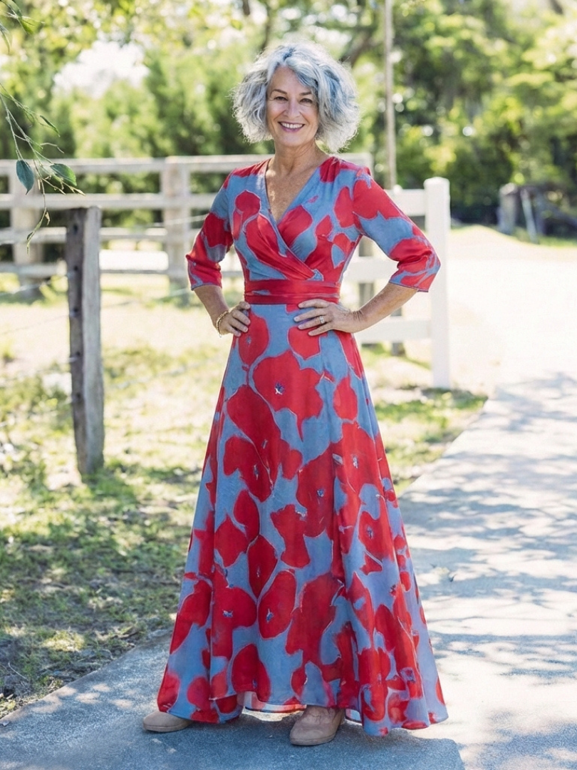 Danielle | Maxikjole med trekvart ermer og V-hals i blomsterprint