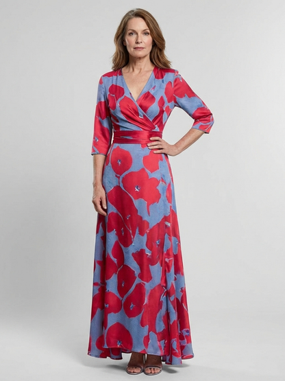 Danielle | Maxikjole med trekvart ermer og V-hals i blomsterprint